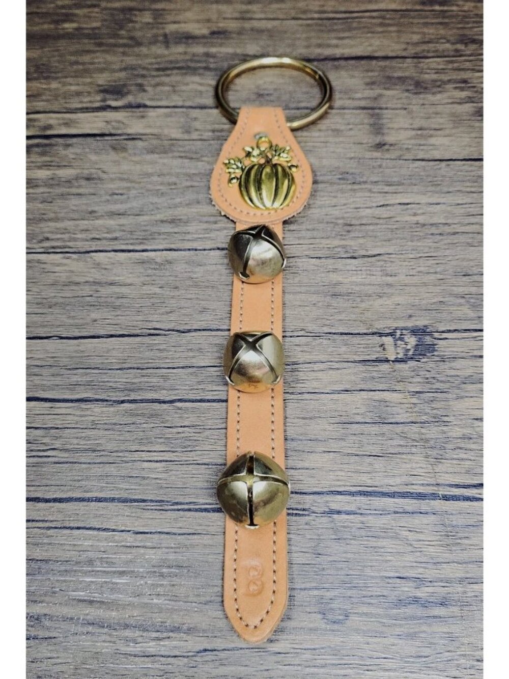 Belsnickle Brass Door Hanging Bells Autumn Fall Harvest Pumpkin LEATHER USA 14"